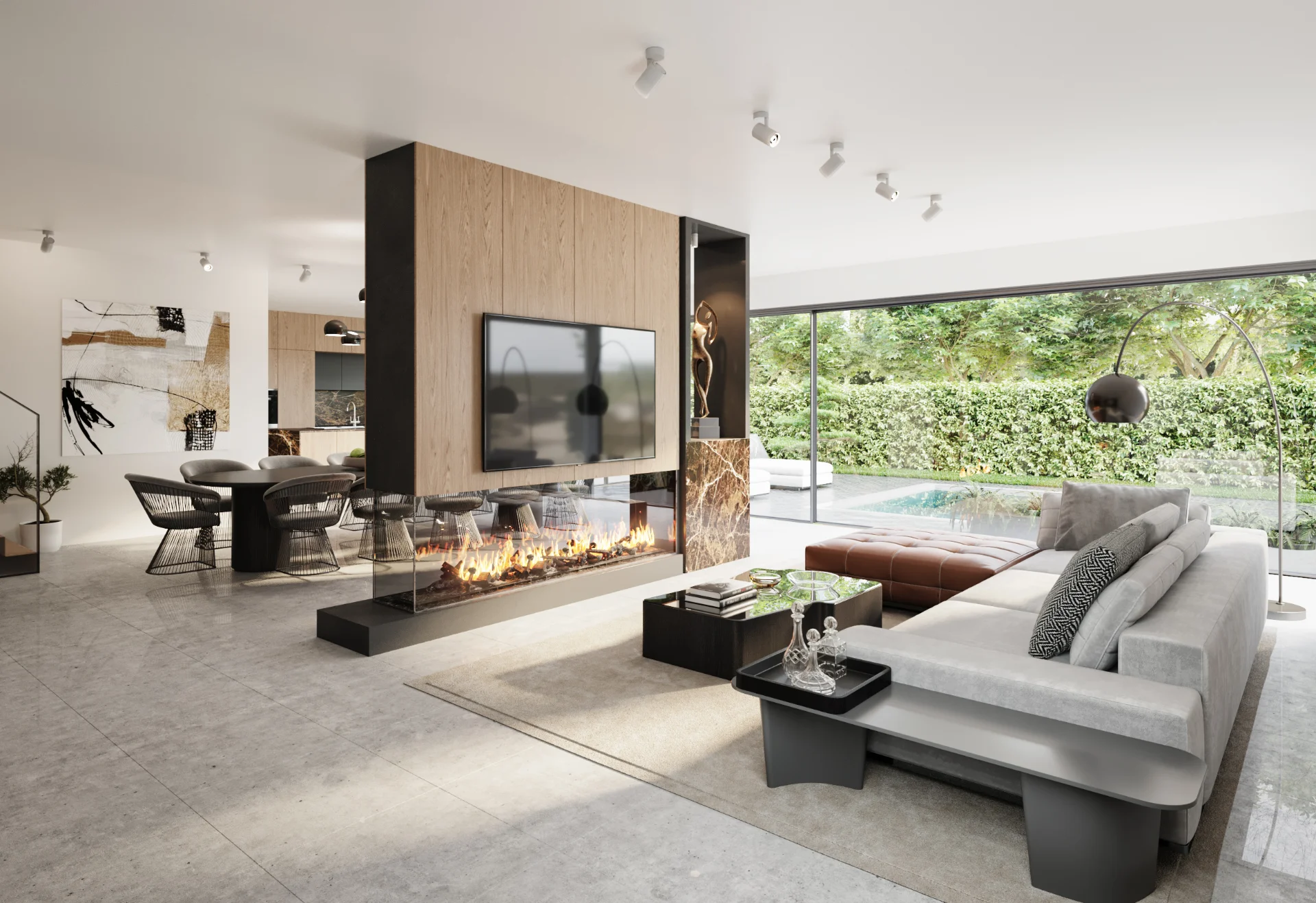 Interieur 3D render van een living met moderne gashaard met op de achtergrond een living met open keuken