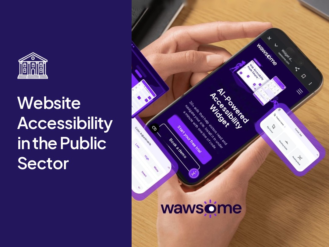 Illustration of a PDF document next to an accessibility checklist with tagged PDF, title and language, reading order, alt text and form labels, with the Wawsome logo.