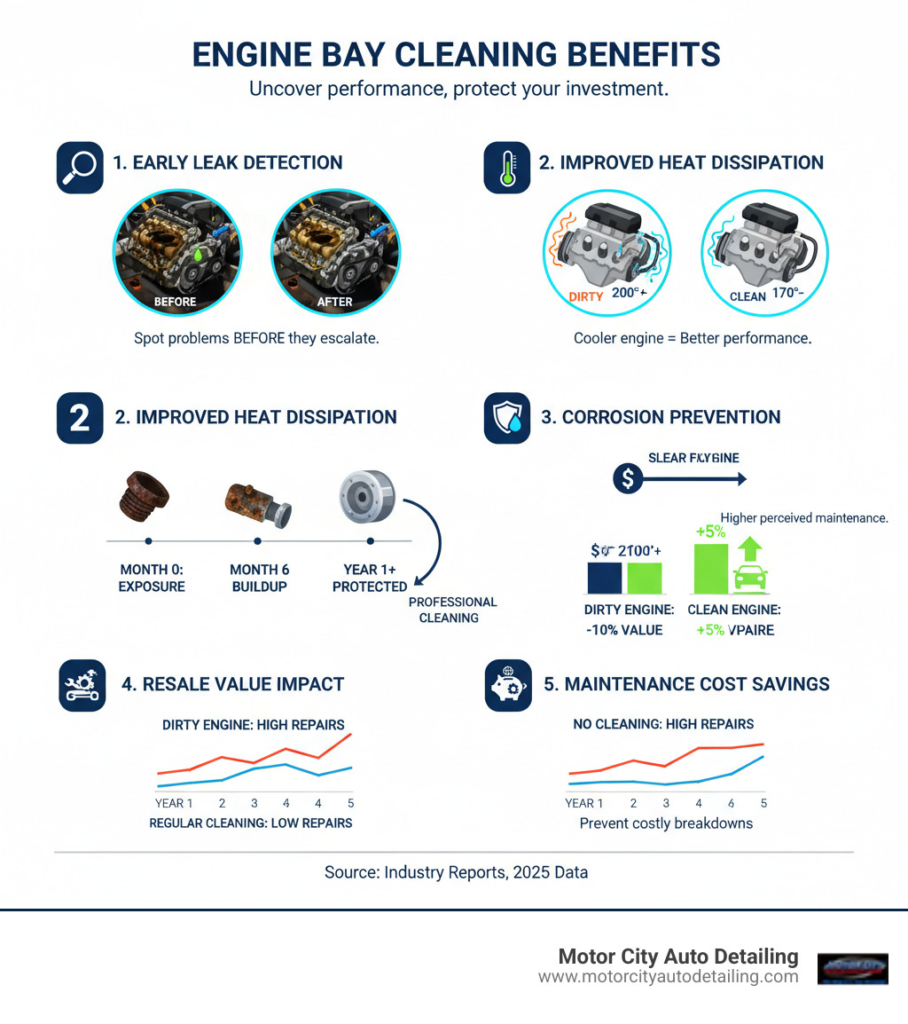 Comprehensive infographic showing the 5 main benefits of professional engine bay cleaning: early leak detection with before/after images, improved heat dissipation with temperature comparisons, corrosion prevention timeline, resale value impact statistics, and maintenance cost savings over time - engine bay cleaning service infographic 