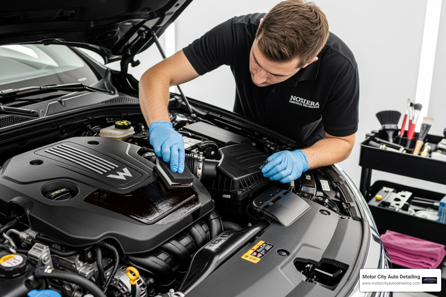 Detailer applying protective dressing to engine plastics - engine bay cleaning service