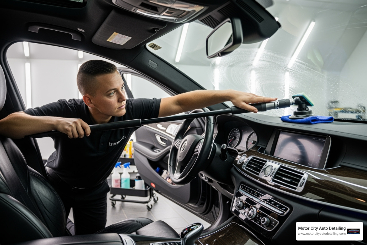 Motor City Auto Detailing technician using a specialized tool on an interior windshield - window cleaning car