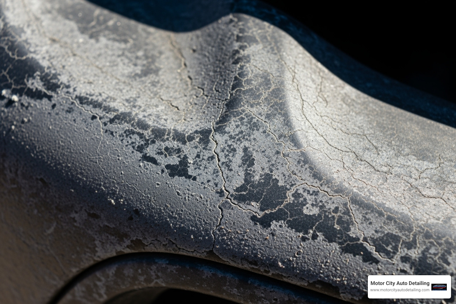 close-up shot of chalky, sun-bleached plastic trim on a car bumper - exterior car trim restorer