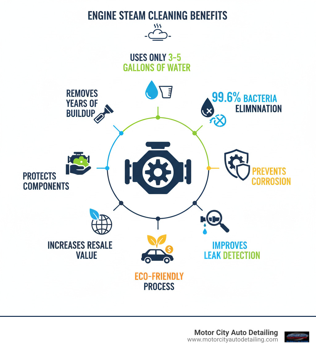Infographic showing steam cleaning benefits: 99.6% bacteria elimination, uses only 3-5 gallons of water, prevents corrosion, improves leak detection, increases resale value, eco-friendly process, protects engine components, removes years of buildup - mobile car engine steam cleaning near me infographic 