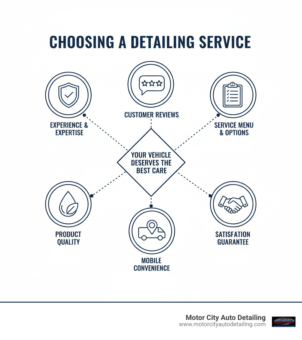 infographic illustrating factors to consider when choosing a detailing service: experience, reviews, service menu, product quality, mobile options, and guarantee - specialty detailing services infographic infographic illustrating factors to consider when choosing a detailing service: experience, reviews, service menu, product quality, mobile options, and guarantee - specialty detailing services infographic