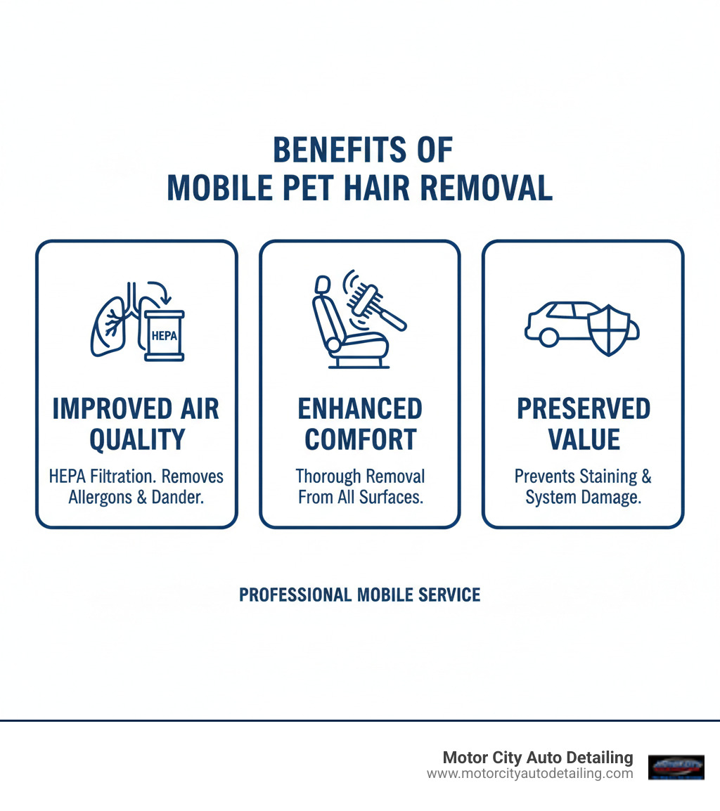 Infographic showing three key benefits of professional mobile pet hair removal: Improved Air Quality with HEPA filtration removing allergens and dander, Enhanced Comfort with thorough removal from all surfaces including hard-to-reach areas, and Preserved Vehicle Value by preventing fabric staining and ventilation system damage - Mobile pet hair removal infographic 