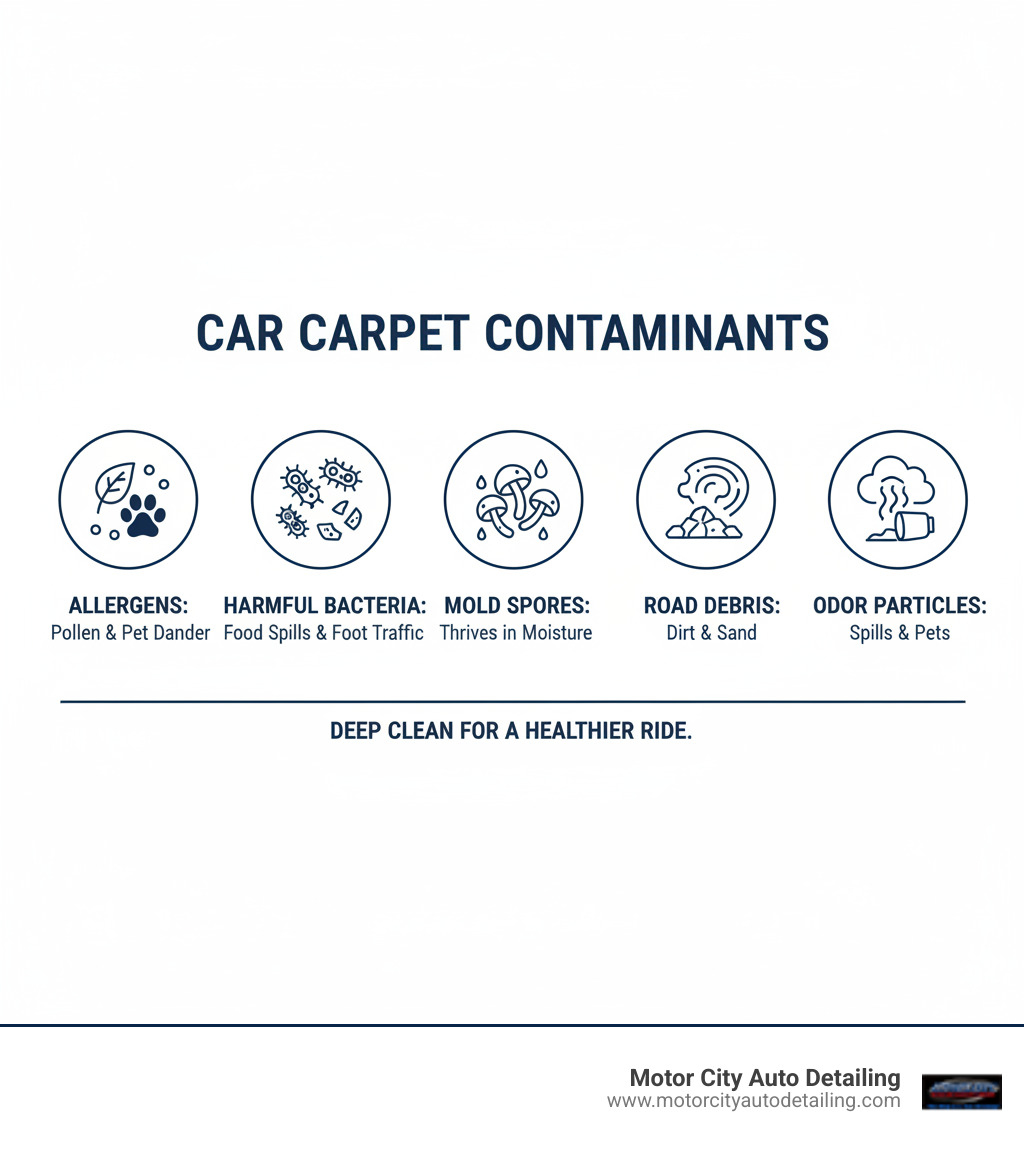 Infographic showing common car carpet contaminants: allergens including pollen and pet dander, harmful bacteria from food spills and foot traffic, mold spores that thrive in moisture, road debris such as dirt and sand, and odor-causing particles from spills and pets - carpet shampooing car infographic 