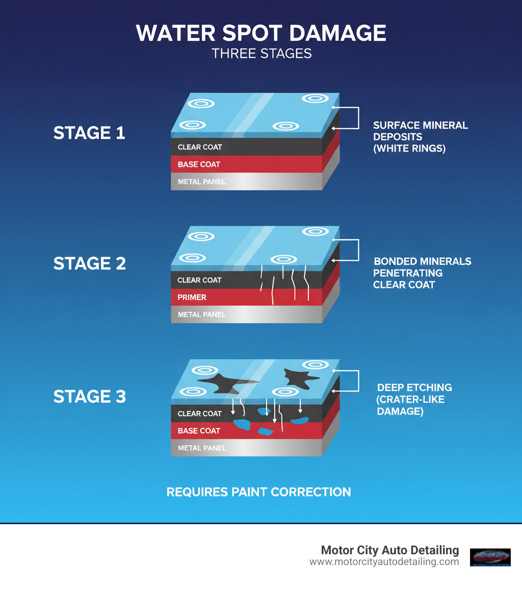 Infographic showing three stages of water spot damage: Stage 1 shows surface mineral deposits as white rings on paint surface, Stage 2 shows bonded minerals penetrating the clear coat layer, and Stage 3 shows deep etching with crater-like damage requiring paint correction - water spot removal infographic Infographic showing three stages of water spot damage: Stage 1 shows surface mineral deposits as white rings on paint surface, Stage 2 shows bonded minerals penetrating the clear coat layer, and Stage 3 shows deep etching with crater-like damage requiring paint correction - water spot removal infographic