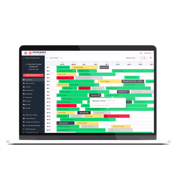 Laptop showing RoverPass scheduling for a campground with their campground reservation software