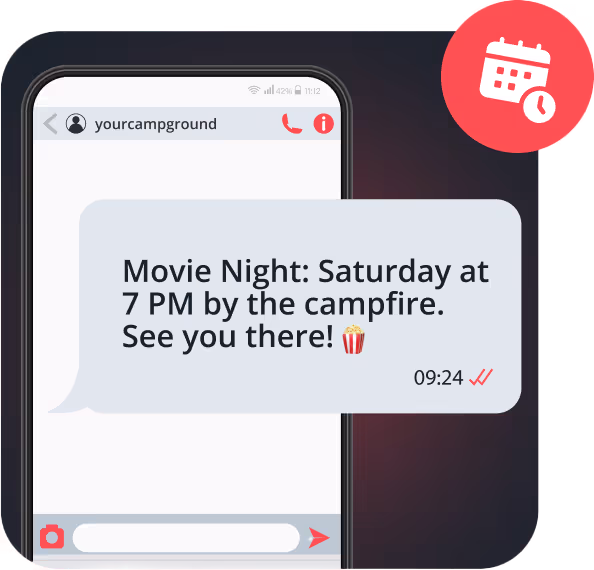 Text message to campers promoting a movie night sent from RoverPass Mass SMS feature