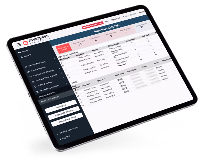 A tablet displaying the RoverPass Mass SMS dashboard for a campground owner