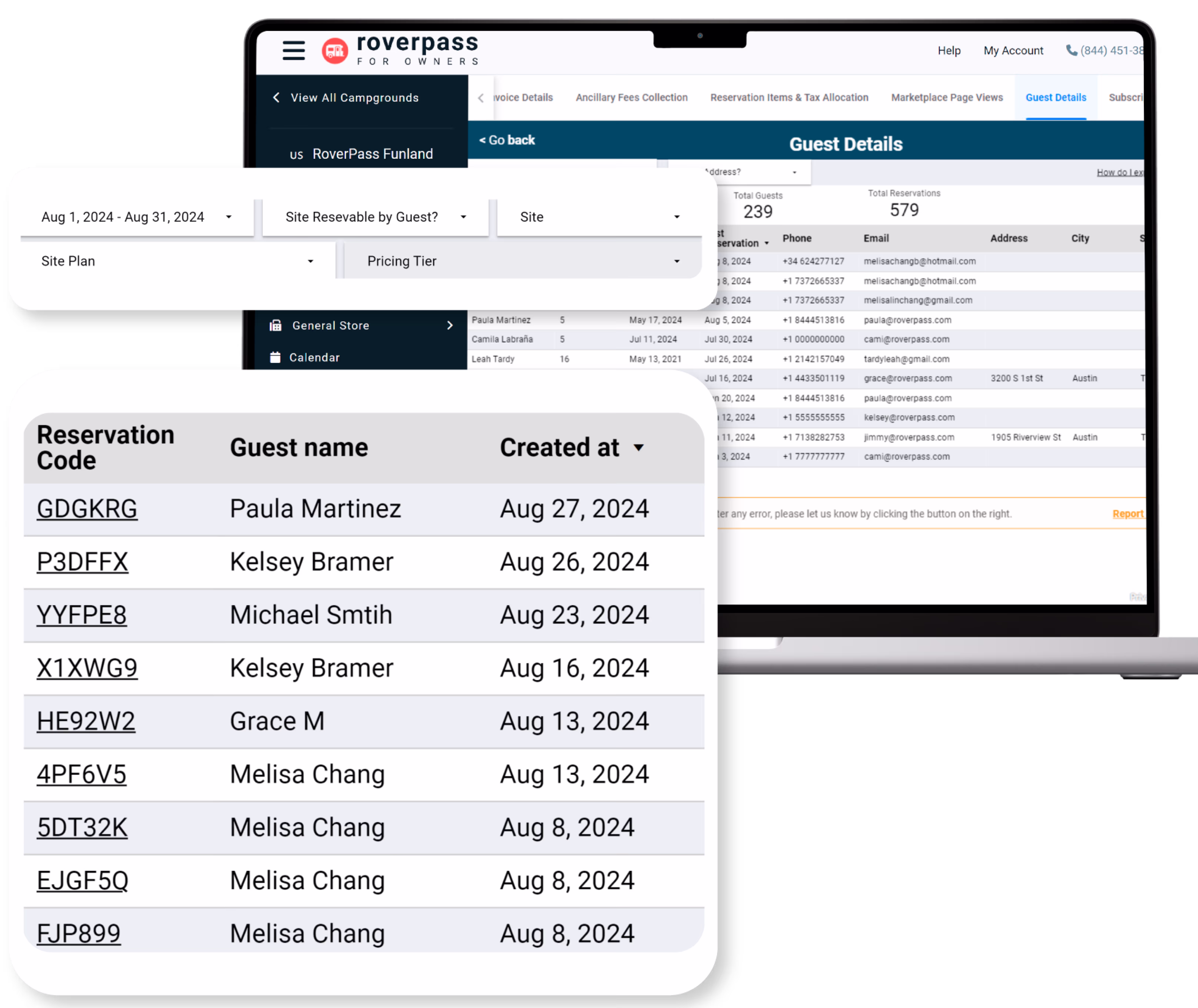 Dashboard for marketing reports through RoverPass campground reservation software
