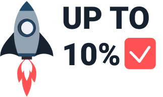 A rocketship and text saying up to 10% to illustrate how RoverPass POS can boost a campground's bottom line