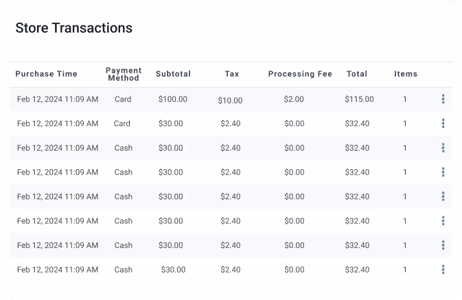 Example of a campground store transaction log