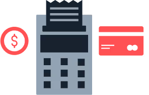 Icon representing a credit card payment, featuring a card and a payment terminal, symbolizing financial transactions.