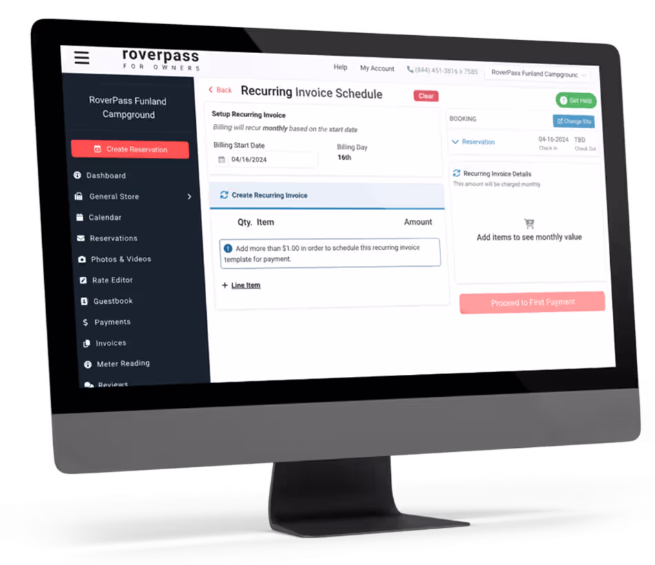 A computer screen displaying a recurring invoice screen in the RoverPass software