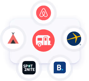 A collection of icons representing various travel apps around the RoverPass logo to show all the different channels RoverPass can manage