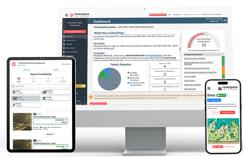 A desktop, laptop, and mobile device showcasing the RoverPass dashboard interface.