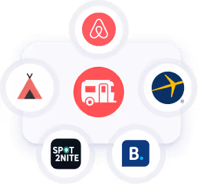 A collection of icons representing various travel apps around the RoverPass logo to show all the different channels RoverPass can manage