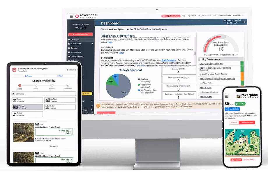 A desktop computer, phone, and tablet showcasing the RoverPass campground reservation software