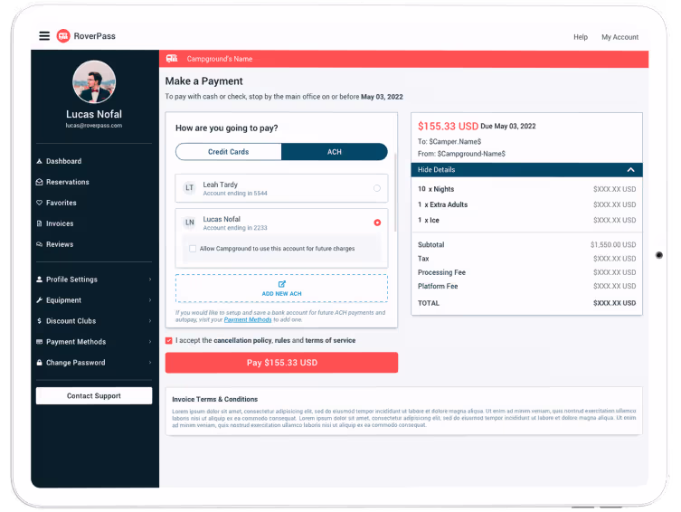 Payment page displayed on the RoverPass site for ACH payment, featuring fields for banking details and a confirm payment button.