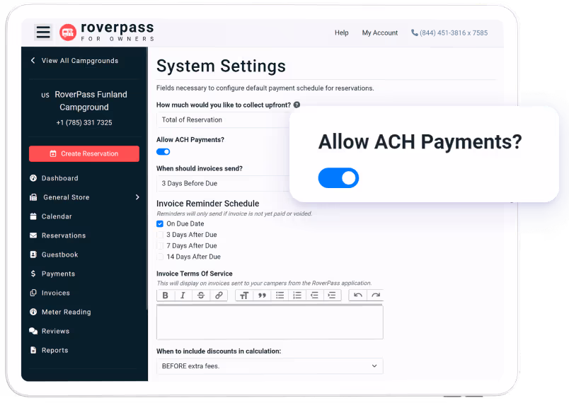 Laptop showing the ACH payment option in the backend of the RoverPass Campground Reservation Software