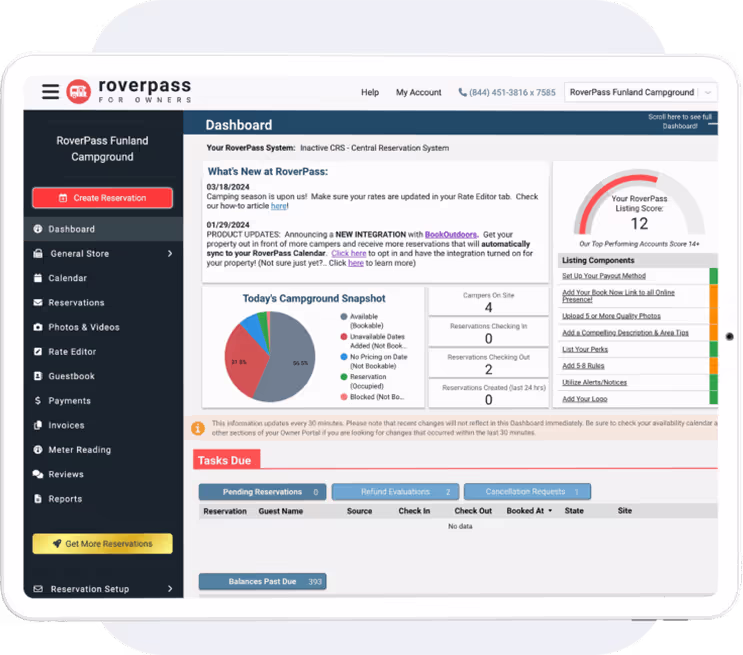 Tablet displaying roverpass campground reservation software homepage