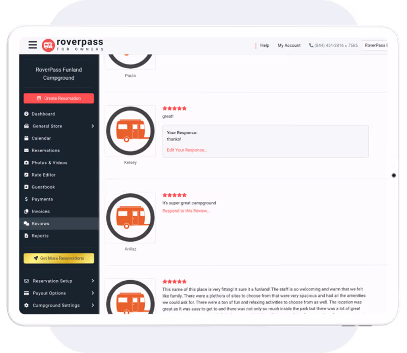 RoverPass camper reviews being accessed in RoverPass campground reservation software