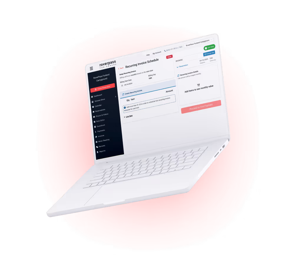 Laptop showing scheduling a recurring invoice in RoverPass campground reservation software
