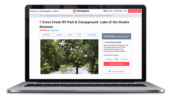 Computer showing the Cross Creek Campground & RV Park listing on RoverPass