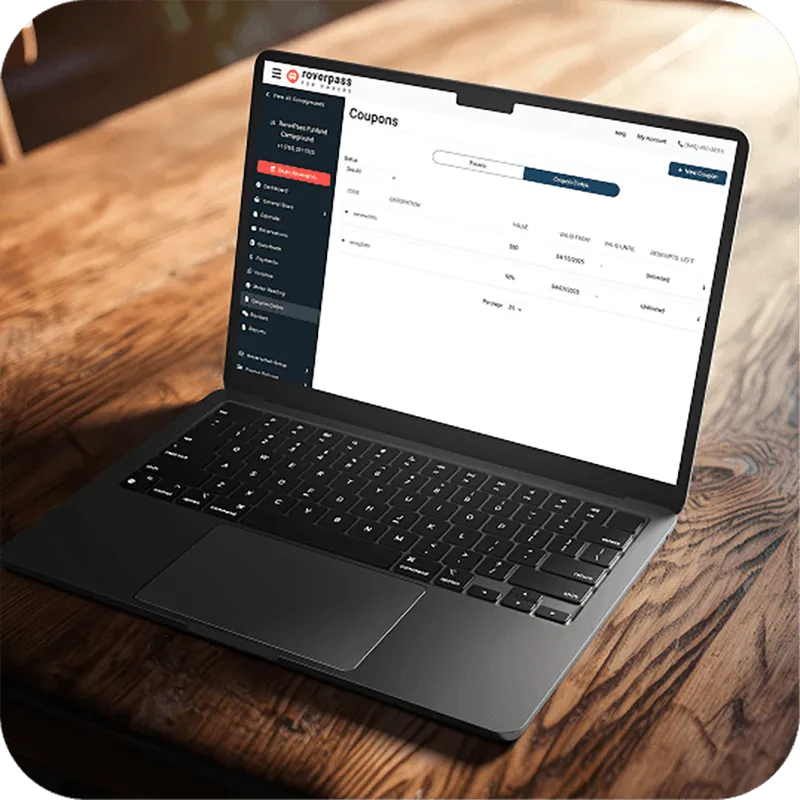 A laptop displaying all the coupons that a campground has live