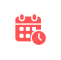Red calendar icon featuring a clock