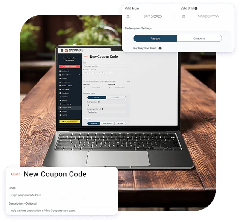 Coupon code creation page for campgrounds in the RoverPass software