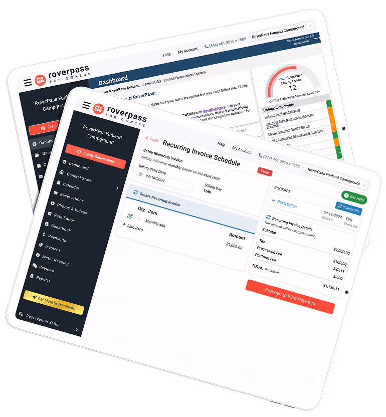 RoverPass campground management software dashboard showcasing key features like recurring invoice scheduling. 