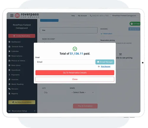 RoverPass payment confirmation screen showing a successful campground reservation payment.