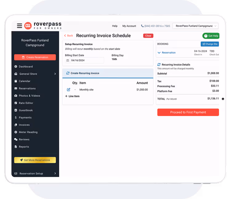 RoverPass interface for setting up recurring invoices for a campground.