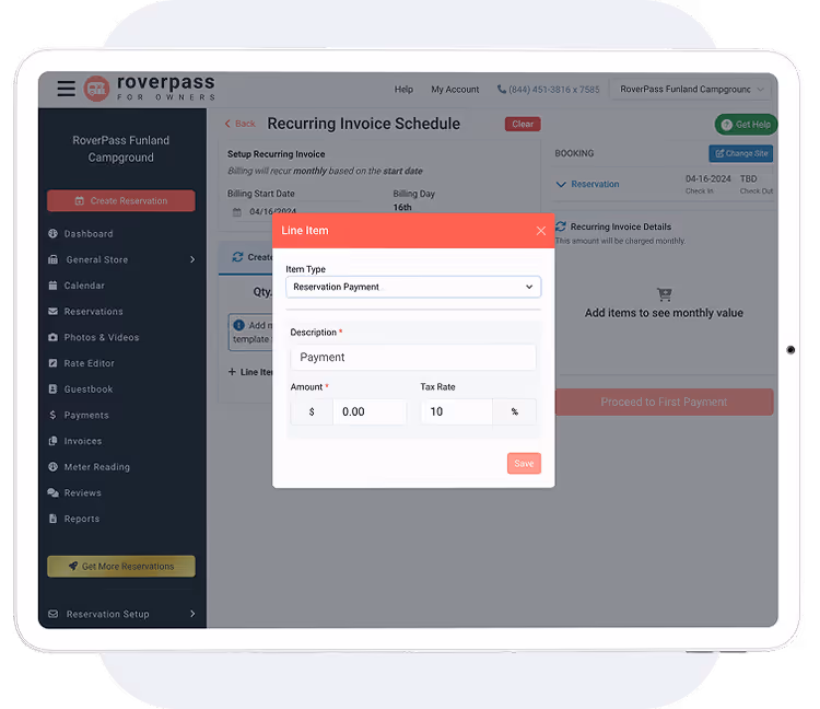RoverPass interface showing how to add a line item to a recurring invoice for a campground reservation.