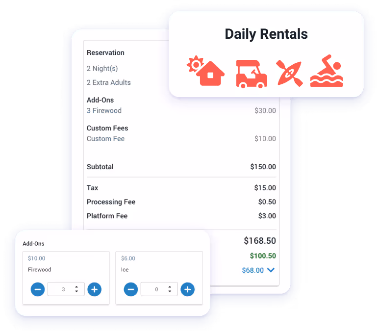 Daily rental options and costs displayed on a page