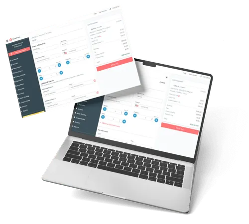 A laptop and tablet displaying a payment screen related to group booking