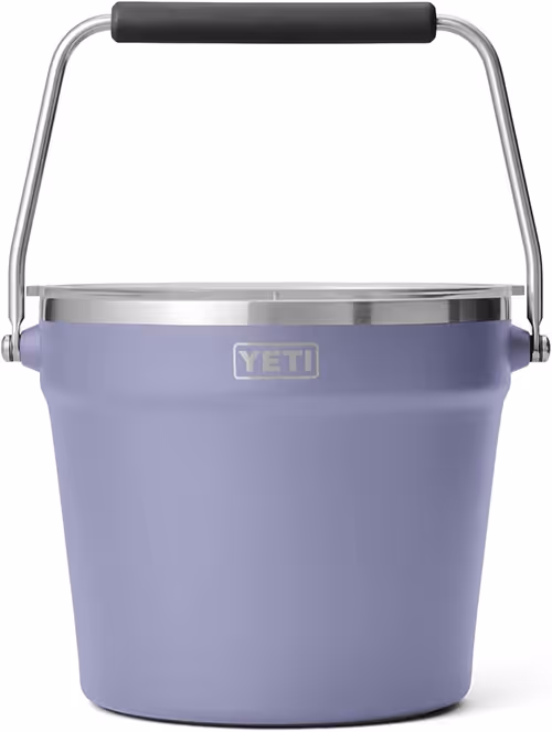 A purple Yeti ice bucket featuring a sturdy handle, designed for keeping beverages cold and stylish.