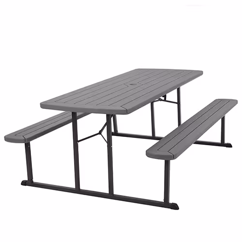 A sturdy, gray rectangular picnic table with attached benches