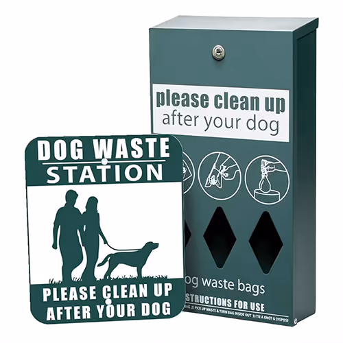 A dark green dog waste bag dispenser and a matching sign