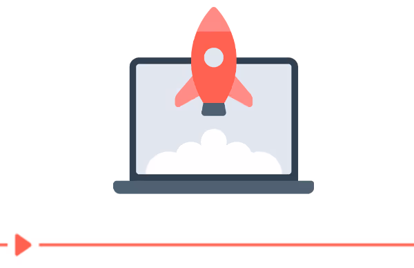 Illustration of a laptop with a red rocket launching from the screen, representing launching the site