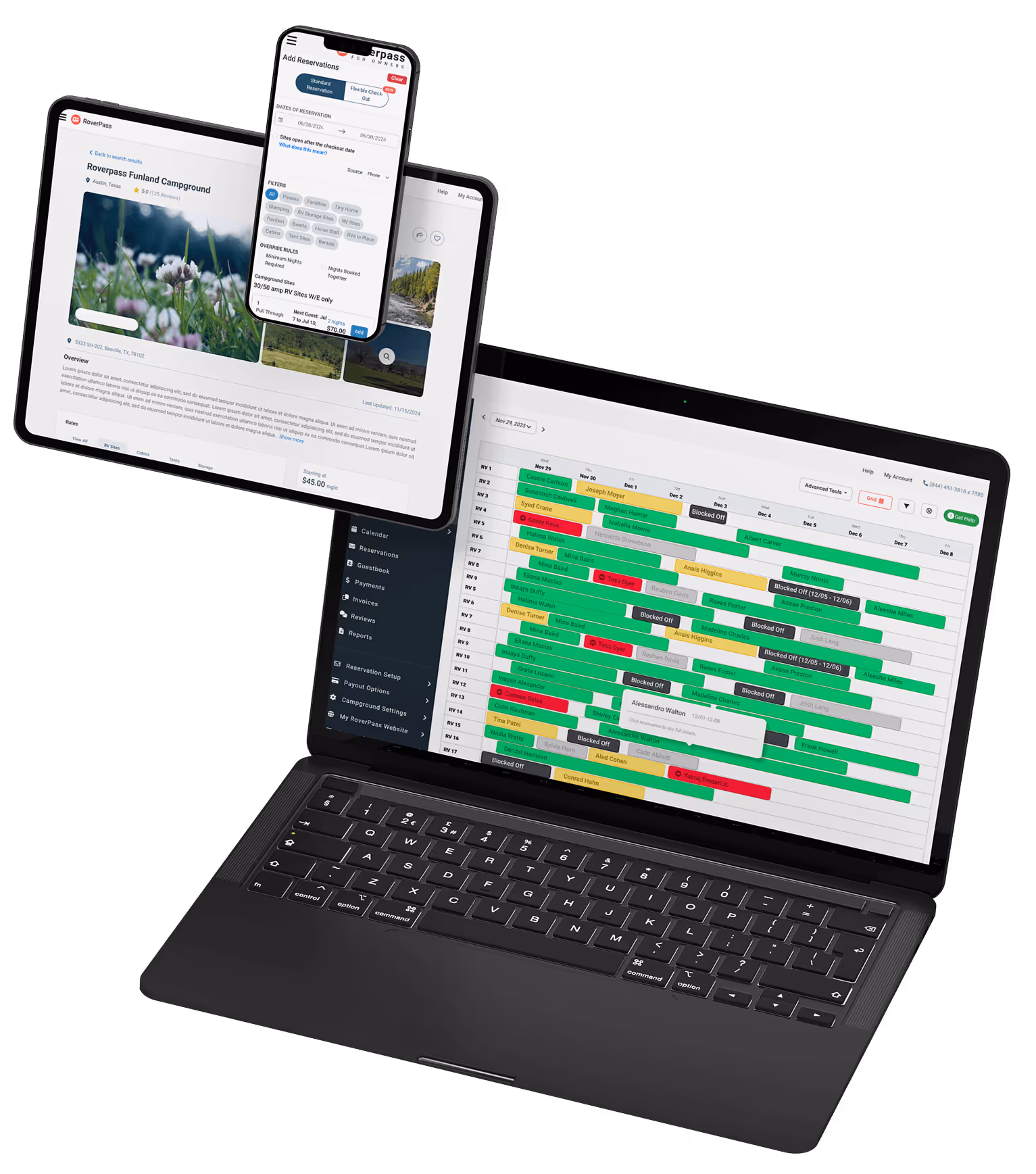 RoverPass dashboard on a computer showing a campground's availability