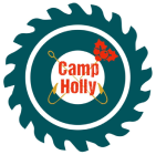 A circular logo with a dark teal saw blade-like outer ring, a thinner white inner ring, and a central white circle containing the red text "Camp Holly," two yellow fish hooks, and a cluster of red holly berries.