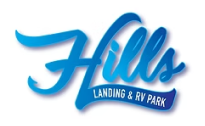 The logo for "Hills Landing & RV Park," featuring the word "Hills" in a large, fluid blue script, with "LANDING & RV PARK" in smaller, white capital letters on a blue banner beneath it.