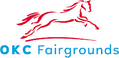 The logo for OKC Fairgrounds, featuring a stylized red outline of a galloping horse above the words "OKC Fairgrounds" in bright blue, all set against a dark green background.