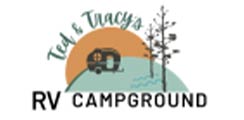 A circular logo on a white background with a rustic illustration featuring a small camper trailer, silhouetted trees, and a sun-like shape in earthy tones. The text "Ted & Tracy's" is curved above the illustration, and "RV CAMPGROUND" is below it.