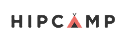 The image displays the Hipcamp logo. It features the word "HIPCAMP" in dark gray, with the letter "A" stylized as a red tent, giving it a distinct camping-related visual. The logo is set against a solid dark green background.