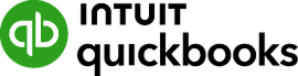 The Intuit QuickBooks logo features a green circle with a stylized white "qb" design on the left, next to the words "INTUIT" and "quickbooks" in black text. The entire logo is set against a dark green background.