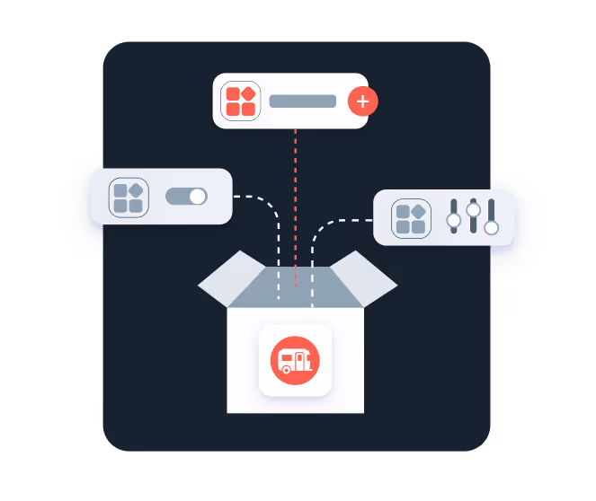 An illustration showing an open box with an RV icon inside, connected by dashed lines to three feature modules above it: a grid icon with a plus sign, a toggle switch, and a grid icon with adjustment sliders, all on a dark background.